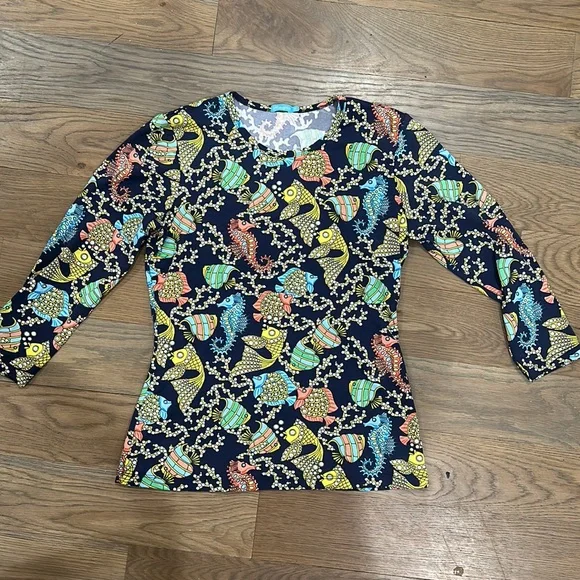 J. McLaughlin Navy Multi Bejeweled Under The Sea Fish Catalina Cloth Shirt Tee - Picture 1 of 5